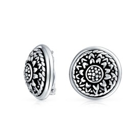 Bali Style Round Dome Medallion Style Flower Motif Button Clip On Earrings Black Oxidized .925 Sterling Silver .85 Dia