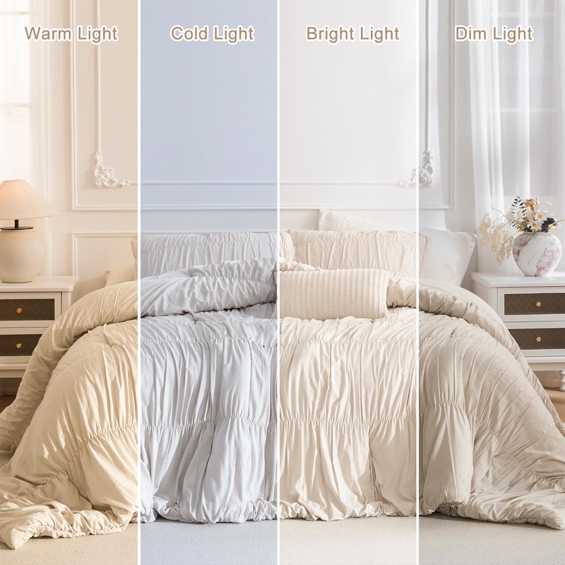 Masaca King Size Comforter Set(106"x95"),Wheat Ruched Bedding Comforter,Farmhouse Shabby Boho