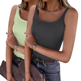 Zeagoo Womens Summer Tops 2 Pack Ribbed Knit Square Neck Sleeveless Basic Tank Top Stretch Casusal Yoga Crop Camis