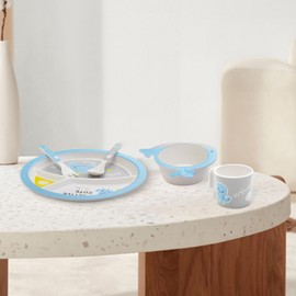 Kids Feeding Set 5 Pcs, Tableware Set for Toddlers Includes Plate Bowl Cup Fork and Spoon Utensil Flatware, Kids Flatware Set Dishwasher Safe, BPA Free (Whale)