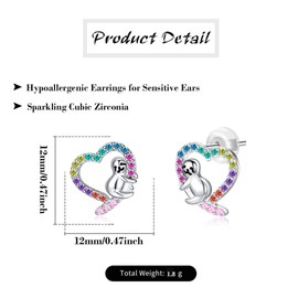 Sloth Stud Earrings for Girls Women 925 Sterling Silver Hypoallergenic Heart Earring Studs for Sensitive Ears Sloth Gifts for Girls.