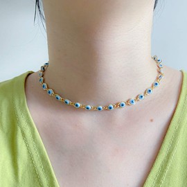 Dainty Evil Eye Necklace for Women Mini Evil Eye Choker Necklace for Teen Girls (B-Light Blue)