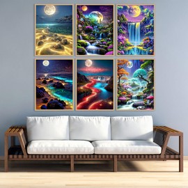 6 Pack Moon Diamond Painting Kits for Adults, Waterfall Landscape Diamond Art Kits for Beginners, DIY Beach Crystal Art Kits for Adults, Diamond Dot Gem Art Kits for Home Decor (30×40 cm)