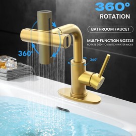 FROPO Gold Bathroom Faucet with Sprayer - Brushed Gold Bathroom Faucets for Sink 1 Hole or 3 Holes, 4 Mode Single Handle Vanity Faucet Waterfall Bathroom Faucet with Pull Down Sprayer (No Drain)