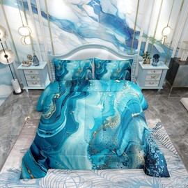 Erosebridal Marble Comforter Set,Teal Blue Marble Down Comforter Gold Liquid Quicksand Design Quilted Duvet,Turquoise Decorative 3 Piece Bedding Set with 2 Pillow Shams,King Size