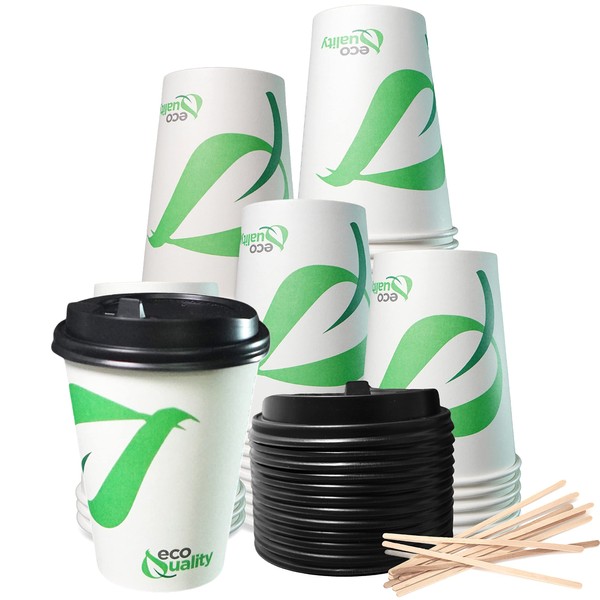 12 oz Compostable Paper Cups with Black Dome Lids and