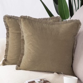 MADIZZ Set of 2 Suede Throw Pillow Covers with Fringe Tassels 20x20 Inch Brown Soft Decorative Cushion Cover for Sofa Bedroom Pillow Shell