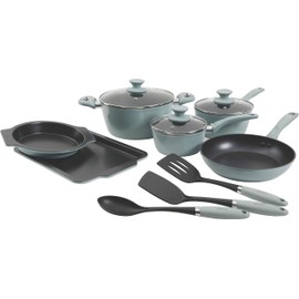 Oster Forged Aluminum Non-stick Cookware with Induction Base and Soft Touch Bakelite Handle, 12-Piece, Dusty Blue