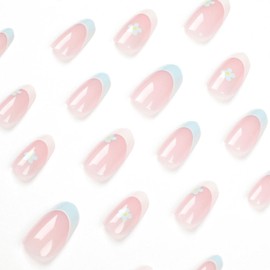 Toypoels Blue French Tip Press On Nails, 24pcs Summer Flower Style, Almond Shape, Plastic Material, Full Cover Tips, Glossy Finish
