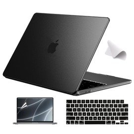EooCoo Case Compatible with MacBook Air 13.6 inch 2024-2022 M3 M2 A3113 A2681 with Retina Display, Plastic Hard Shell Case + Keyboard Skin Cover + Polishing Cloth + Screen Protector - Midnight Black