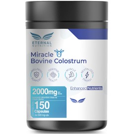 ETERNAL NUTRITION Miracle: Calostro Bovino 50% IgG Puro (150 Cápsulas) | Inmunoglobulinas IgG y Factores de Crecimiento · 37 Porciones · 2000 mg · Bienestar Digestivo y Recuperación Diaria