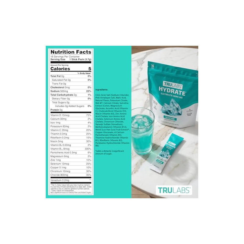TRULABS Hydrate Electrolyte Drink Mix – Glacier Flavor, Sugar-Free Hydration