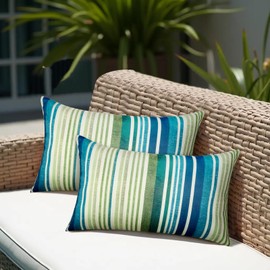 CASAJOY Pack of 2 12x20 Outdoor Pillows, Waterproof Throw Pillows with Inserts, Decorative Lumbar Pillows for Patio, Garden, Couch, Furniture, Sofa, Bed, Living Room(Stripe Blue Green)