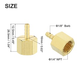 sourcing map 2 Pcs Brass Hose Barb Fittings, 1/8" Barb x 1/4" NPT Female Brass Barb Pipe Fittings Adapter for Connect Pipes Mechanical Devices Plumbing Equipment