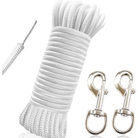 RUSON 50 Feet 1/4 Inch Wire Center Flag Pole Rope and Clips Kit, White Braided Polyester Halyard Steel Center Flag Rope with 2 Pcs 3.5" Flag Swivel Snap Hooks