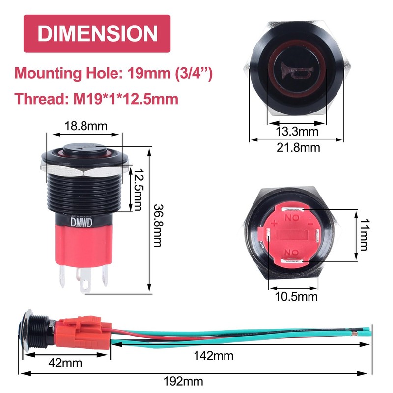 DMWD 19mm Horn Metal Push Button Switch Heavy Duty 20Amp