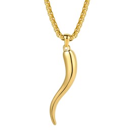 Yaumatea 18K Gold Plated Italian Horn Necklace, 316L Stainless Steel Cornicello Pendant for Men Women, 22"+2" Box Chain Protection Jewelry