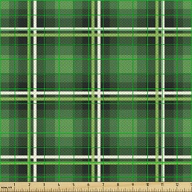 Lunarable Emerald Fabric by The Yard, Geometrical Pattern with Vivid Color Scheme Squares and Lines Tartan Style Design, Decorative Fabric for Upholstery and Home Accents, 3 Yards, Black Green