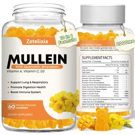 Zetelixia 2 Pack 10 in 1 Mullein Gummies for Clear Lungs, 2000 MG Mullein Leaf Extract for Lungs, Mullein Quercetin Gummies for Lung Cleanse, Respiratory, Immunity, Mango Flavor, 120 Count