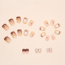 Press on Nails Square Short Length, Natural Glossy Full Cover Reusable False Nails with Glue, Artificial Acrylic Fake Nails with Rabbit Designs, Glue on Nails Coffin for Women, Stick on Nails Brown