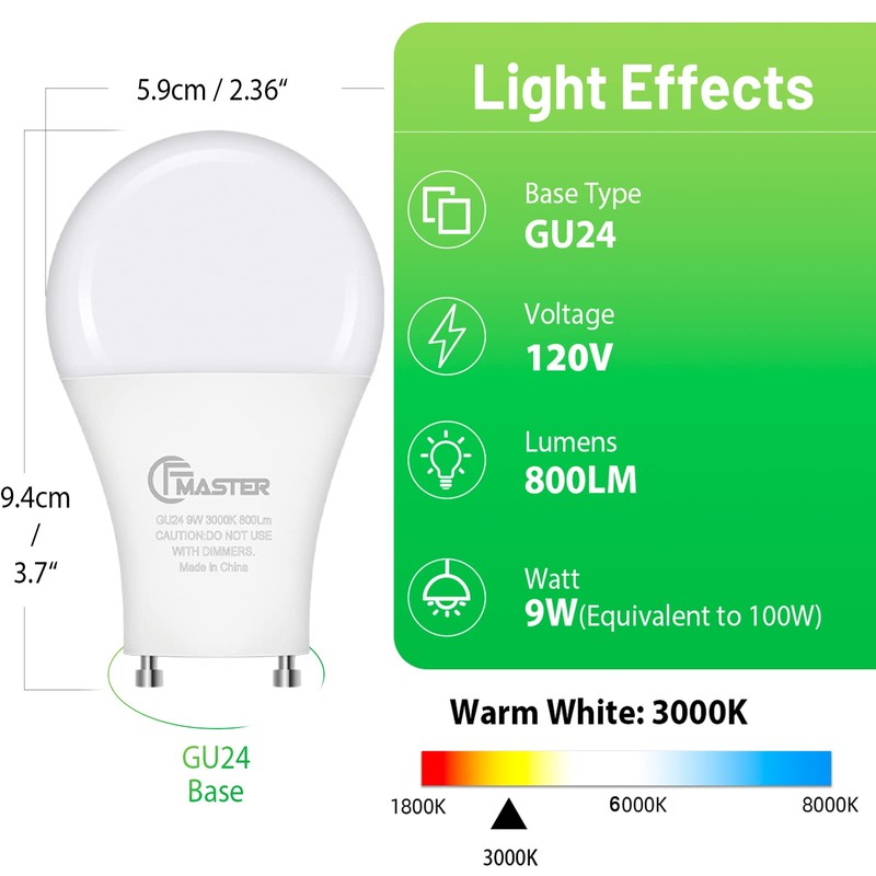 CFMASTER GU24 LED Light Bulb, 3000K Warm White, 9W(100W Equivalent),