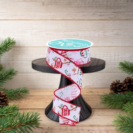Craig Bachman Holiday Ribbon, Hot Cocoa Mugs Pattern, 1.5 Inch x 10 Yards, White with Red Trim, Gift Wrapping, Holiday Decor