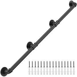 Groking 10FT Industrial Stair Railing Wall Mount Staircase Handrail φ1.3" Pipe Hand Rail for Steps Grab Bar Foot Rail Vintage Pipe Railing Black Deck Handrail for Outdoor Indoor Stairs Porch