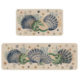 Faptoena Shells Coral Whelks Starfish Kitchen Rugs Set of 2,Ocean Theme Kitchen Mats for Floor,Summer Beach Sink Mats Home Decor Doormat+Runner Rug