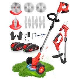 JarryStart 21V Cordless Weed Wacker Battery Operated, 2 X 2.0Ah Electric Weed Eater Battery Powered, Lightweight 3-in-1 Grass Trimmer/Brush Cutter/Lawn Mower with 8 Blades & Removable Moving Wheels