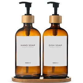 Maisonovo Glass Soap Dispenser Bathroom Set | Hand Soap and Dish Soap Dispenser Set | 16.9oz Amber Bottles with Black Bamboo Pump | Bathroom Lotion Dispenser with Pump Set of 2