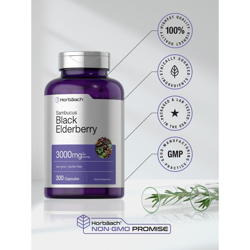 Horbäach Black Elderberry Capsules 3000mg | 300 Count | Sambucus