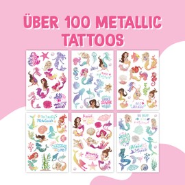 Papierdrachen 100 Metallic Tattoos for Sticking, Skin-Friendly Children's Tattoos, Mermaids, Glitter Tattoos, Birthday Party Bags, Vegan, Made and Tested in Germany