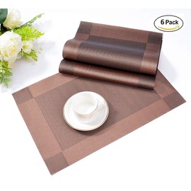 ISIYINER Place Mats, Set of 6, Non-Slip, Washable, PVC, Tear-Resistant, Heat Resistant, Place Mats for Home Restaurant Dining Table (Brown/Silver)