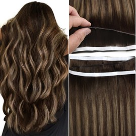 Lacer Weft Remy Human Hair Extensions Genius Weft 18inch One Piece Tape in Hair Extensions Chestnut Brown Mixed Dark Brown with Dark Brown Roots Invisible Tape in Hair 50g