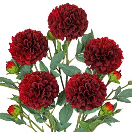 Hollyone 5PCS Dahlia Artificial Flowers Fall Decor 24.8" Red Fake Ball Dahlias Autumn Silk Flowers Faux Roses Flower with Long Stems for DIY Wedding Bouquets Centerpieces Arrangements Fall Home Decor