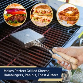 Hot Sandwich Maker Press for Stovetop or Campfire Cooking Equipment - Aluminum Flip Pan Sandwich Toaster with Handles - Panini Maker Great for Kitchen and Camping Cookware by Kings County Tools