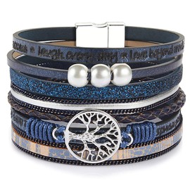 FANCY SHINY Tree of Life Leather Wrap Bracelet Inspirational Cuff Bangles Boho Pearl Bracelets with Clasp Unique Jewelry Gifts for Women Teen Girls(Navy Blue)
