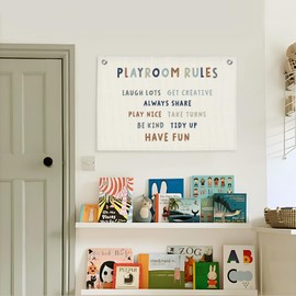 Lacama Play Room Wall Decor Rules Linen Banner, Kids PlayRoom Decor for Kids Nursery Home School, Nursery Wall Decor Toddler Boys, 30x20