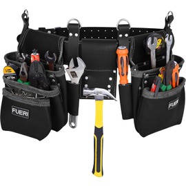 FUERI Leather Tool Belt 17 Pocket Pouches Bags Men Suspenders Holder Organizer for Carpenter Construction Electrician - Black