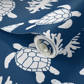 Peel & Stick Wallpaper 3ft x 2ft - Sea Turtles Blue Texture Beach Indigo White Ocean Custom Removable Wallpaper by Spoonflower