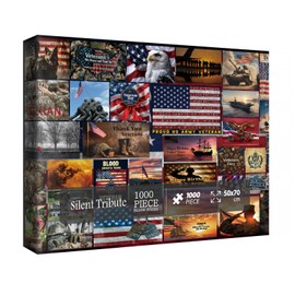 American Flag Patriotic Puzzles for Adults 1000 Pieces Art, Vintage USA Army Military Collage Jigsaw Puzzles, Bird Dog Owl Landscape Sunset Puzzle