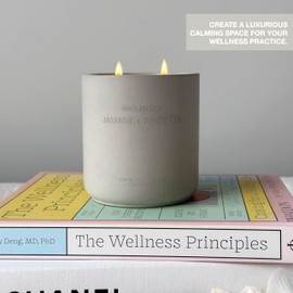 WHOLESOME. Jasmine + White Tea Scented Non Toxic Candles - 100% Natural Coconut Wax Candle, 90 Hours Burn, 2 Wicks, Aromatherapy & Stress Relief Candles, 16 oz Concrete Jar