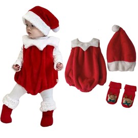 sunyhom Santa Cosplay Marshmallow Baby Onesie Santa Suit 3-Piece Set Santa Costume Boy Girl Romper Costume Autumn Winter Baby Shower Prop Photo Red Baby Clothes Fluffy (Red 3-Piece, 28.7 inches)