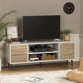 YESHOMY Modern TV Stand for 65" Television, Entertainment Center with Two Storage Cabinets, Retro Style Media Console for Living Room, Bedroom, Office, 58 Inch, White and Coffee