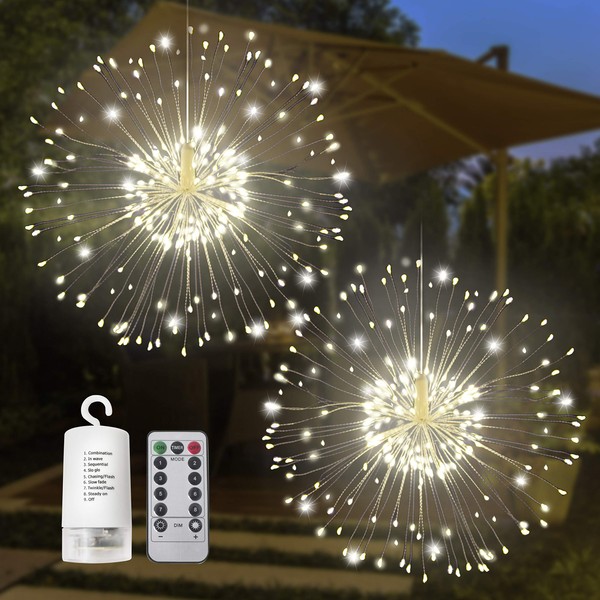 2 Pack 120 LED Firework Copper Wire Hanging Starburst Fairy Lights 8 Modes Remote Waterproof for Christmas Home Party Wedding Garden Xmas Patio Bedroom Décor Indoor Outdoor Decorations (Warm White)