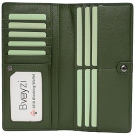 Bveyzi Ultra Slim Thin Leather RFID Blocking Credit Card Holder Bifold Clutch Wallets for Women, Olive Green, Small