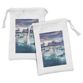 Ambesonne Iceland Fabric Pouch Set of 2, Floating Blue Icebergs in Jokulsarlon Glacial Lagoon Colorful Sunset in Vatnajokull, Small Drawstring Bag for Toiletries Masks and Favors, 9" x 6", Multicolor