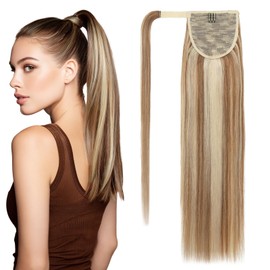 SEGOHAIR Clip In Real Human Hair Ponytail Extensions for Women 100% Remy Human Hair Ponytail Straight Wrap Around Clip in One Piece Hairpiece 16 Inches 80g #12P613 Golden Brown mixed Bleach Blonde