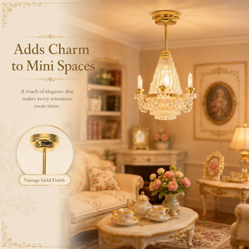 NUOBESTY 1Pc Dollhouse Chandelier Light, 1:12 Scale Miniature Ceiling Lamp