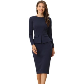 Allegra K Women's Bodycon Dresses Round Neck Long Sleeve Casual Work Outfits Peplum Sheath Dress Medium Navy Blue